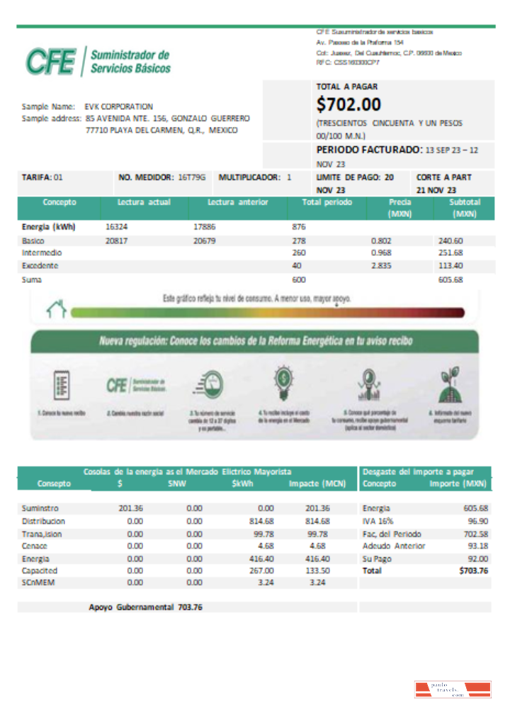 CFE electricity utility business bill,  SCR PSD template
